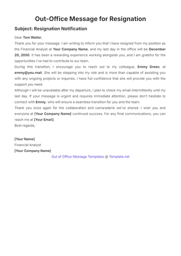 Free Out of Office Message for Resignation Template to Edit Online