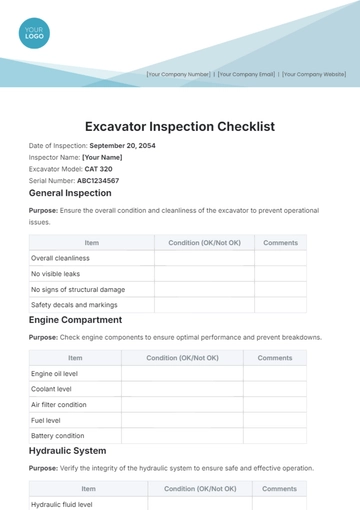 Free Excavator Inspection Checklist Template to Edit Online