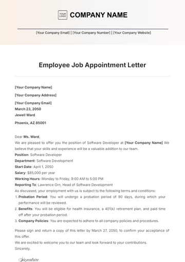 Free Employee Job Appointment Letter Template to Edit Online