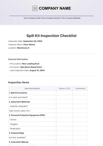Free Spill kit Inspection Checklist Template to Edit Online
