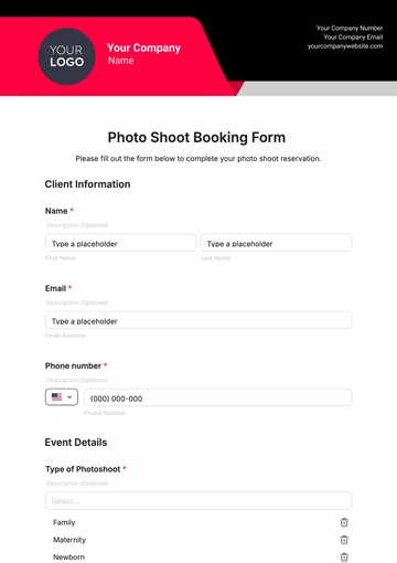 Free Photo Shoot Booking Form Template to Edit Online