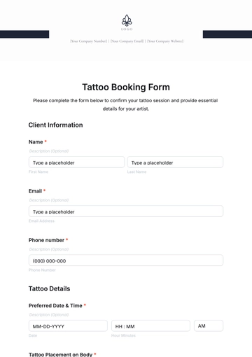 Free Tattoo Booking Form Template to Edit Online
