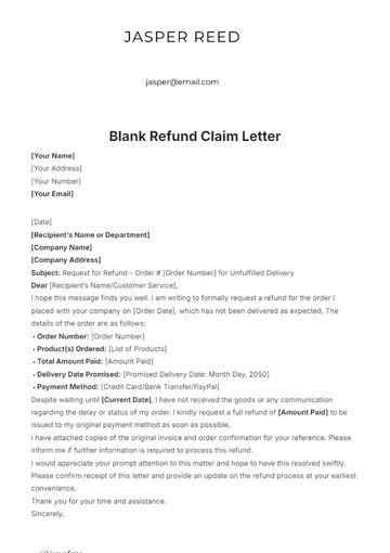 Free Blank Refund Claim Letter Template to Edit Online