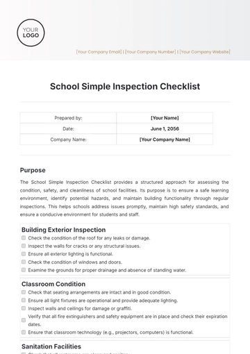 Free School Simple Inspection Checklist Template to Edit Online