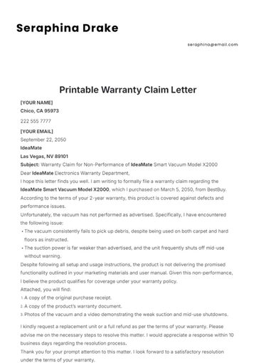 Free Printable Warranty Claim Letter Template to Edit Online