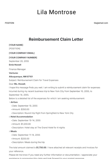 Free Reimbursement Claim Letter Template to Edit Online