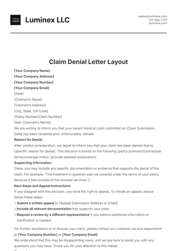 Free Claim Denial Letter Layout Template to Edit Online