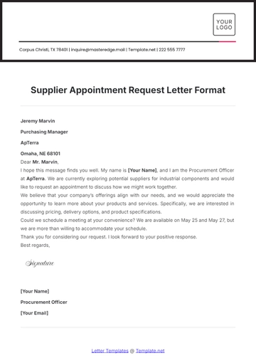 Free Supplier Appointment Request Letter Format Template to Edit Online