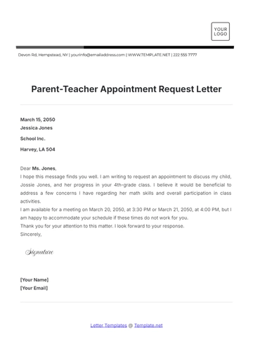 Free Parent-Teacher Appointment Request Letter Template to Edit Online