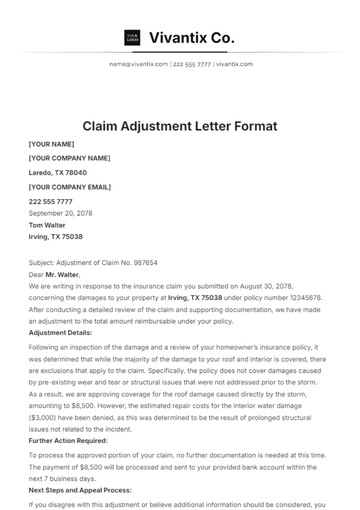 Free Claim Adjustment Letter Format Template to Edit Online