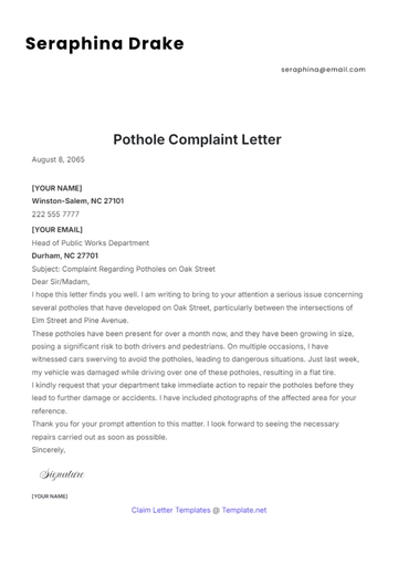 Free Pothole Complaint Letter Template to Edit Online