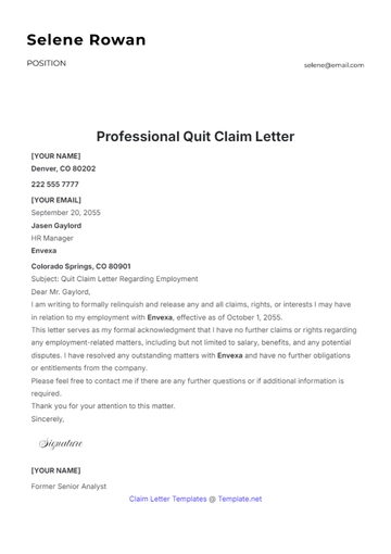 Free Professional Quit Claim Letter Template to Edit Online