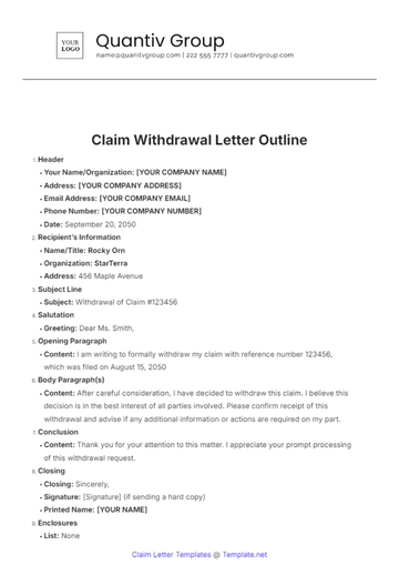 Free Claim Withdrawal Letter Outline Template to Edit Online
