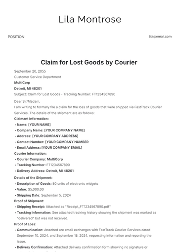Free Claim for Lost Goods by Courier Template to Edit Online