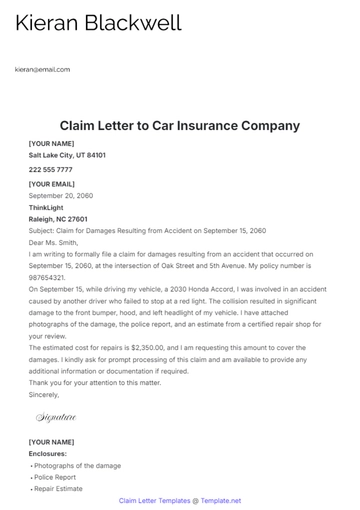 Free Claim Letter to Car Insurance Company Template to Edit Online