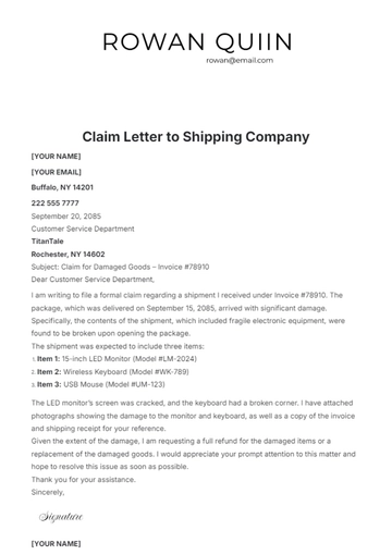 Free Claim Letter to Shipping Company Template to Edit Online