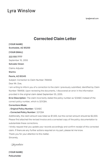 Free Corrected Claim Letter Template to Edit Online
