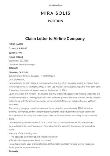 Free Claim Letter to Airline Company Template to Edit Online