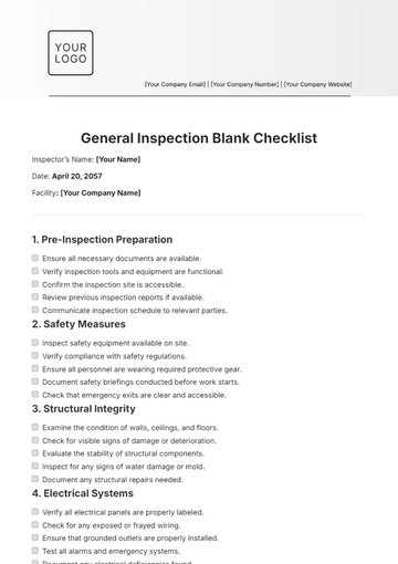 Free General Inspection Blank Checklist Template to Edit Online