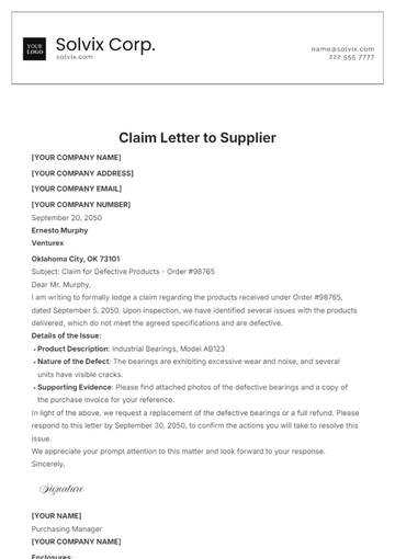 Free Claim Letter to Supplier Template to Edit Online