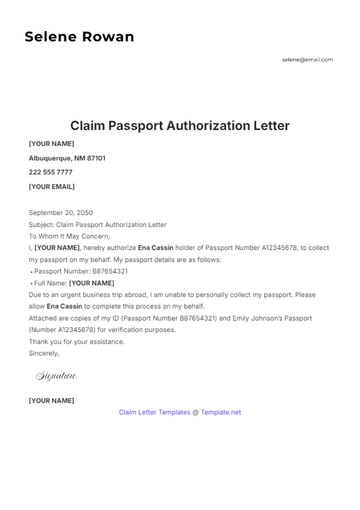 Free Claim Passport Authorization Letter Template to Edit Online