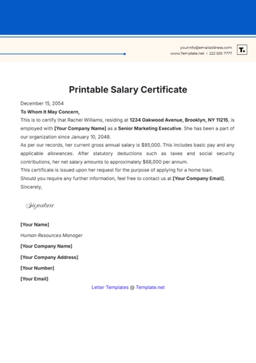 Free Printable Salary Certificate Template to Edit Online