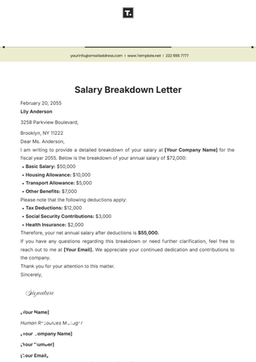 Free Salary Breakdown Letter Template to Edit Online