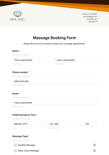 Free Massage Booking Form Template to Edit Online