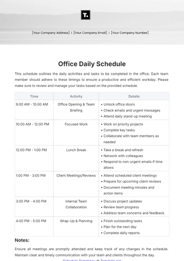 Free Office Daily Schedule Template to Edit Online