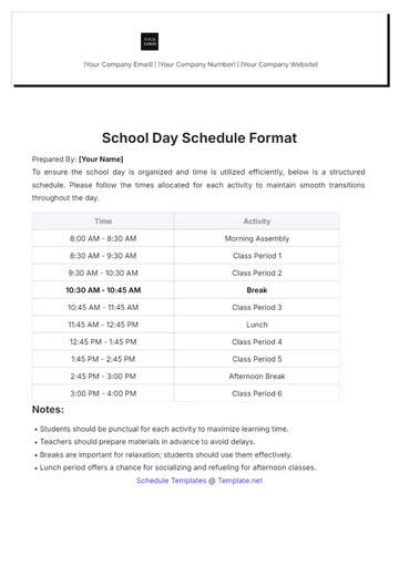 Free School Daily Schedule Format Template to Edit Online