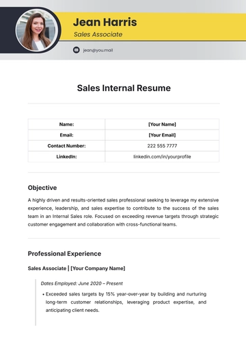 Free Sales Internal Resume Template to Edit Online