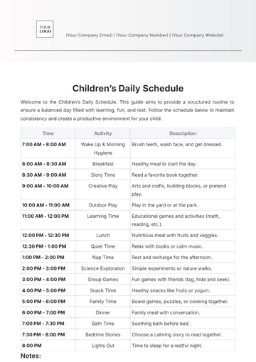 Free Children???s Daily Schedule Template to Edit Online