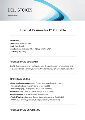 Free Internal Resume for IT Printable Template to Edit Online