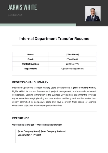 Free Internal Department Transfer Resume Template to Edit Online