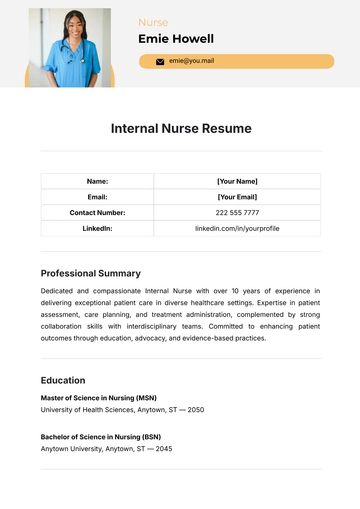 Free Internal Nurse Resume Template to Edit Online