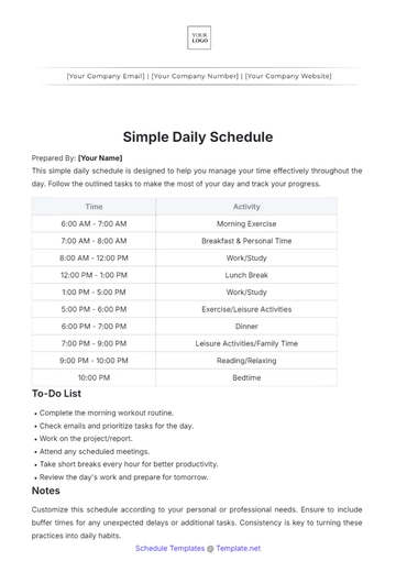 Free Simple Daily Schedule Template to Edit Online
