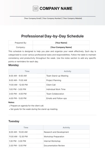 Free Professional Day by Day Schedule Template to Edit Online