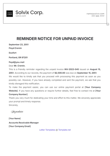 Free Reminder Notice for Unpaid Invoice Template to Edit Online