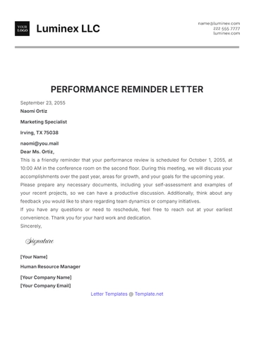 Free Performance Review Reminder Letter Template to Edit Online