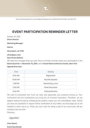 Free Event Participation Reminder Letter Template to Edit Online