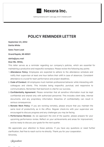 Free Policy Reminder Letter Template to Edit Online