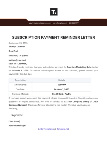 Free Subscription Payment Reminder Letter Template to Edit Online