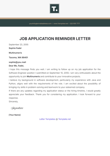 Free Job Application Reminder Letter Template to Edit Online