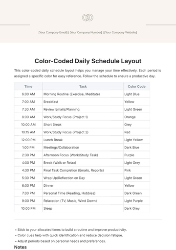 Free Color-Coded Daily Schedule Layout Template to Edit Online