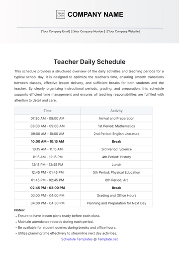 Free Teacher Daily Schedule Template to Edit Online