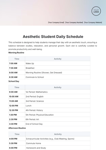 Free Aesthetic Student Daily Schedule Template to Edit Online