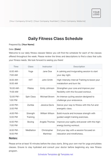 Free Daily Fitness Class Schedule Template to Edit Online
