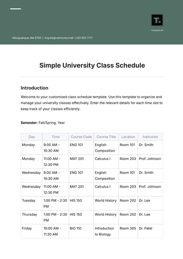 Free Simple University Class Schedule Template to Edit Online