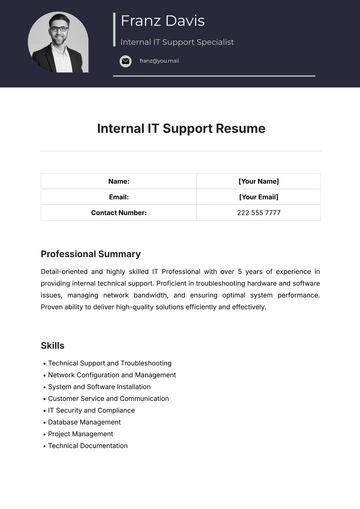 Free Internal IT Support Resume Template to Edit Online