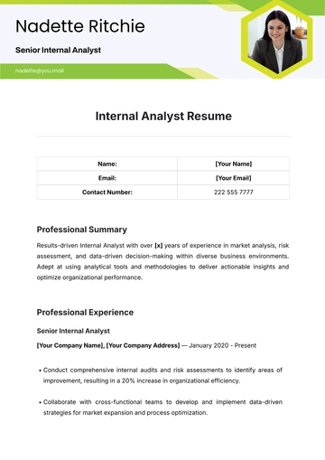 Free Internal Analyst Resume Template to Edit Online